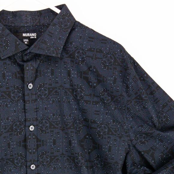 Murano Shirt Men's XL Slim Fit Button Up Oxford Black Blue Geometric Cotton - Picture 3 of 10